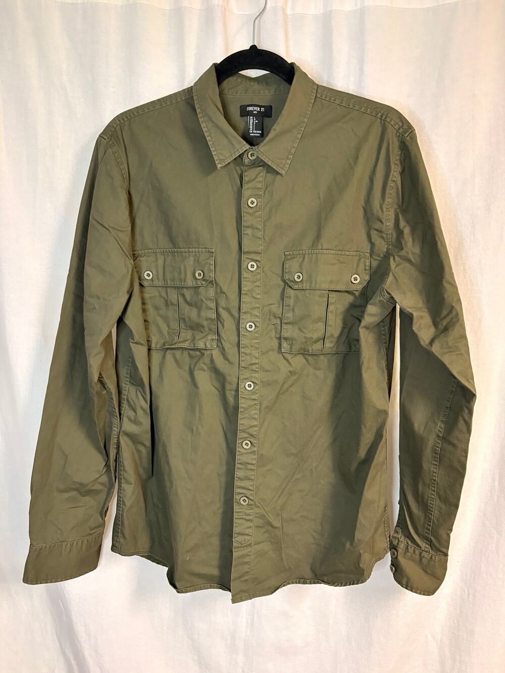 Forever 21 Men Olive Green Military Utility Shirt Jacket Size L Cotton